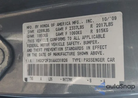 2010 Honda Accord 2.4 Lx z USA, uszkodzony, nr VIN 1HGCP2F31AA031826